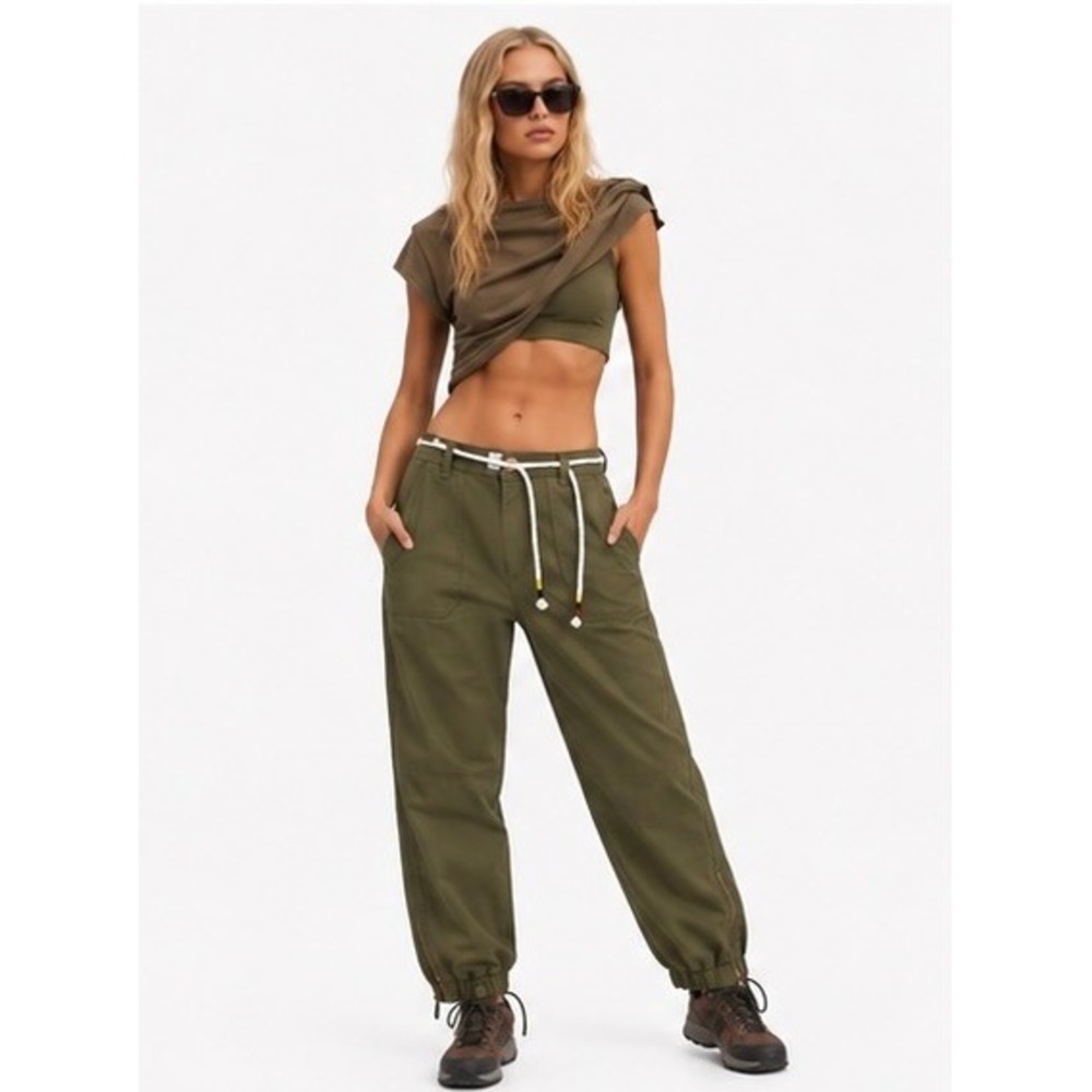 LTJ Letter to Juliet Rope Belt Utility Jogger Pants Moss Zip Ankle Womens L NWT